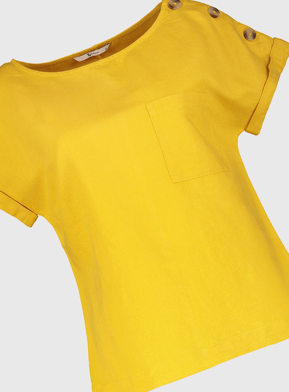 Yellow Linen-Rich Button Shoulder Top Review