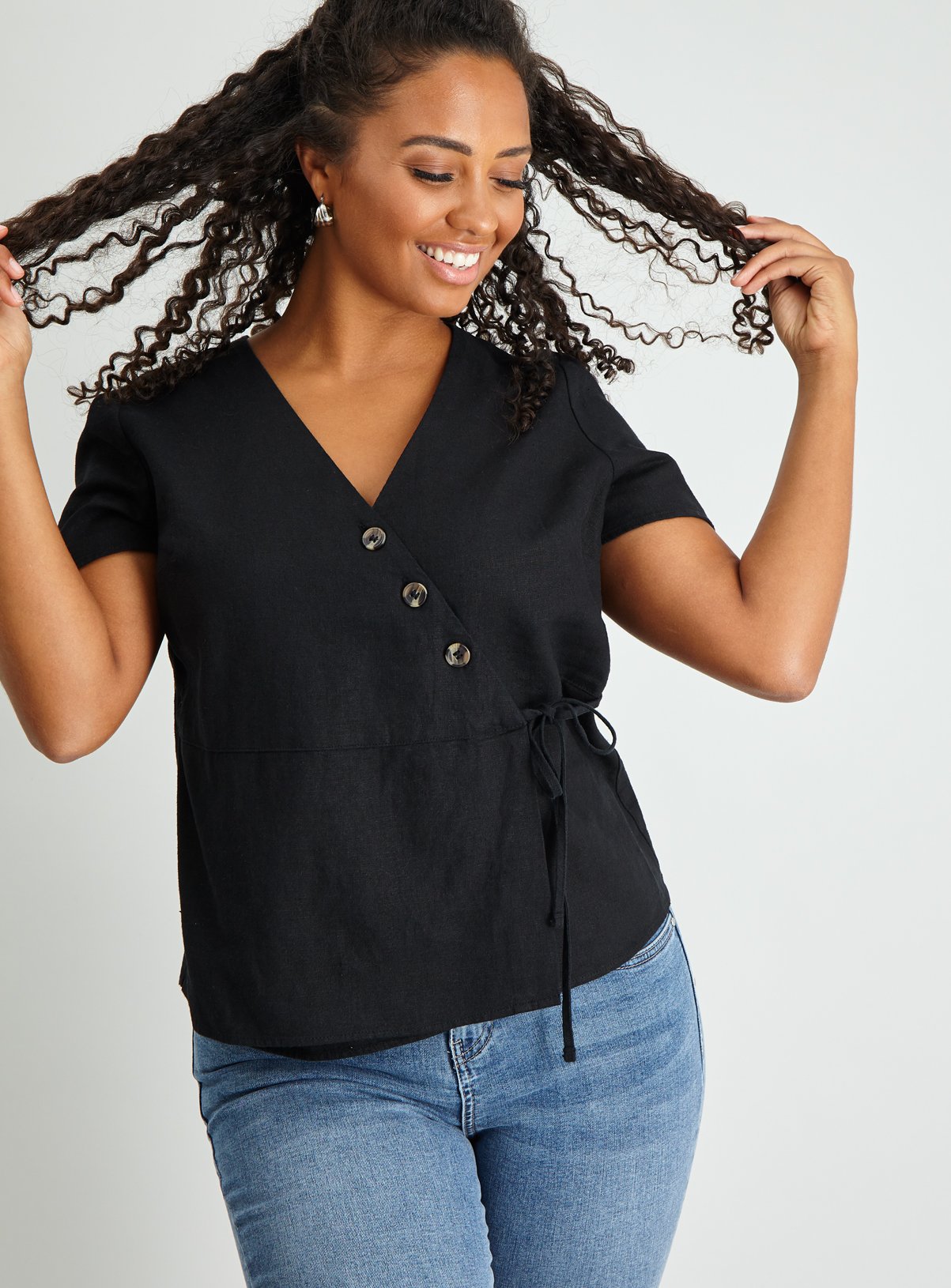 Black Wrap Button Detail Linen-Rich Top Review