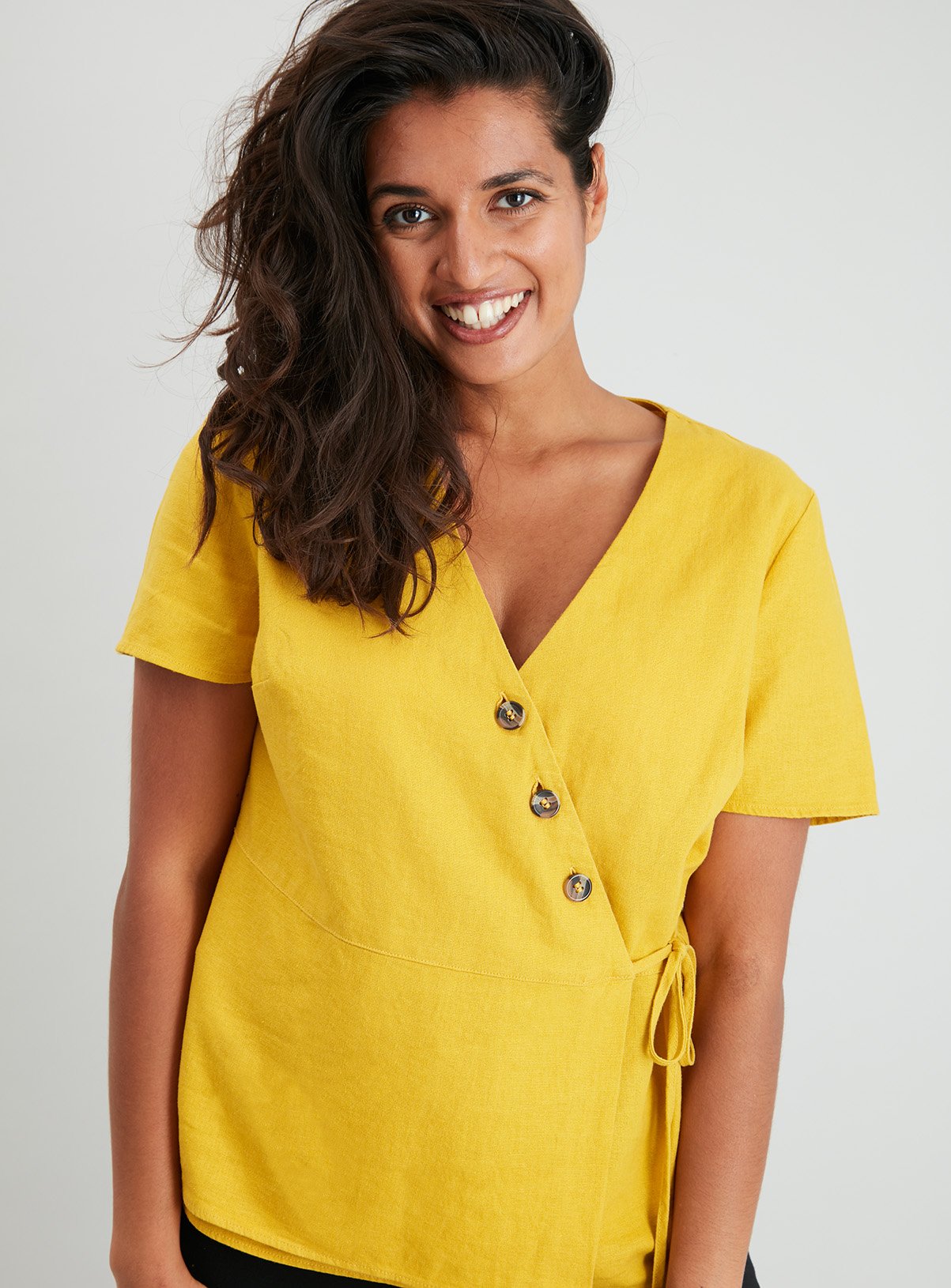 Yellow Wrap Button Detail Linen-Rich Top Review