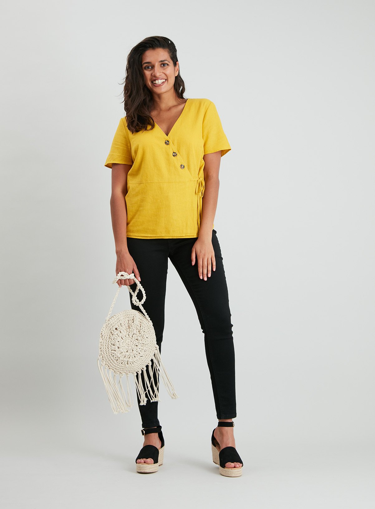 Yellow Wrap Button Detail Linen-Rich Top Review