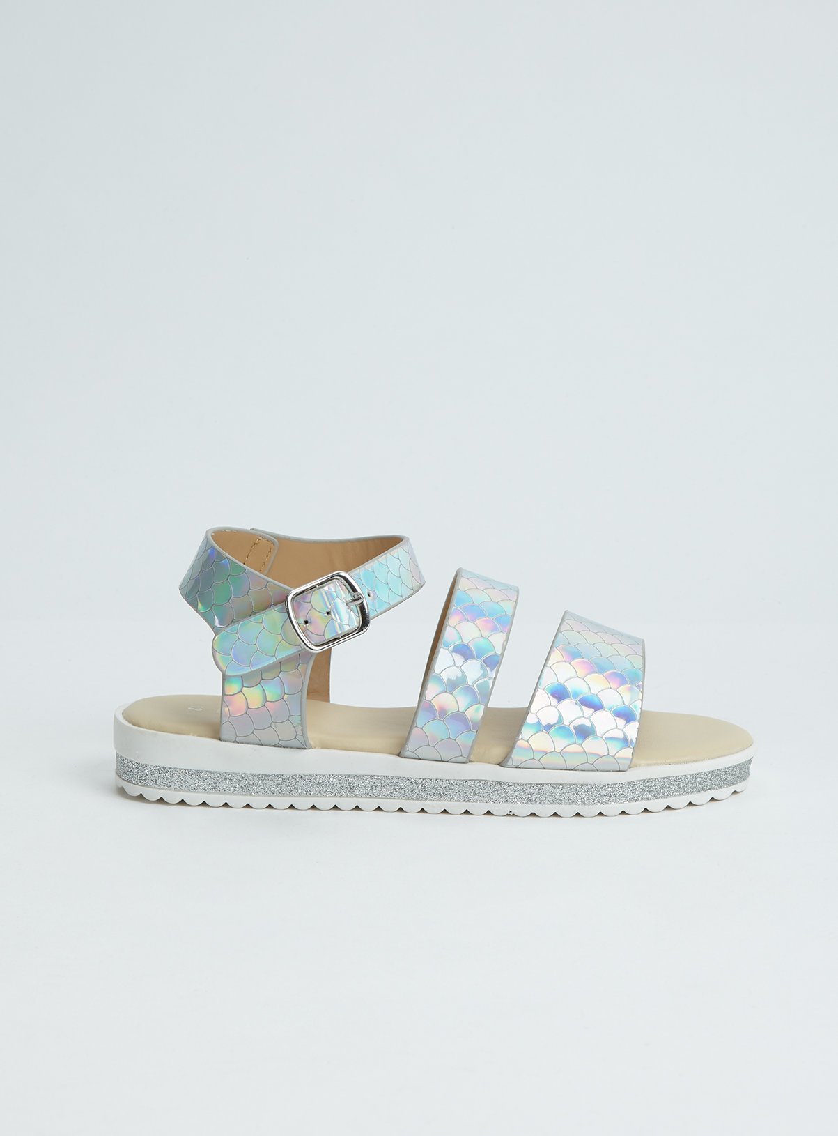 Iridescent Silver Twin Strap Scallop Sandal Review