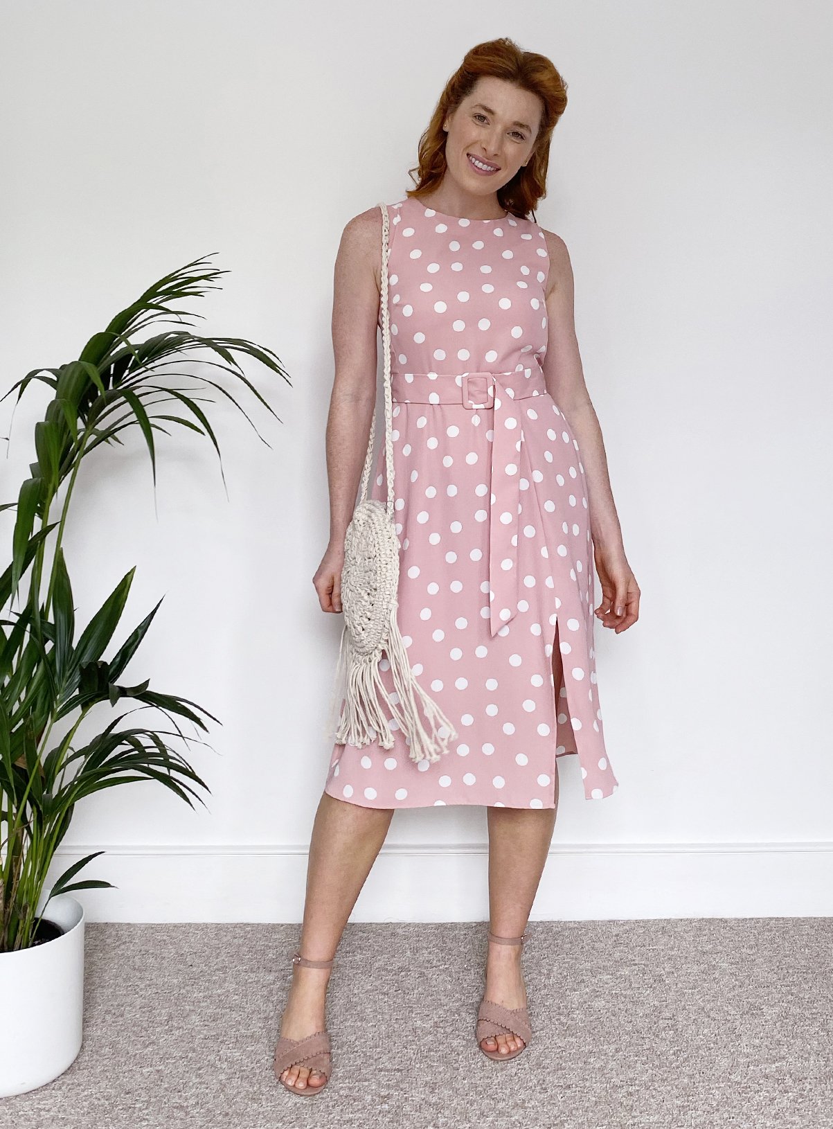 pink polka dot midi dress