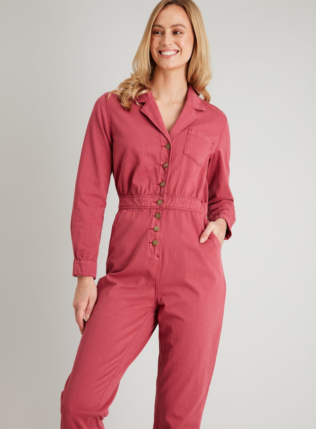 pink denim boiler suit