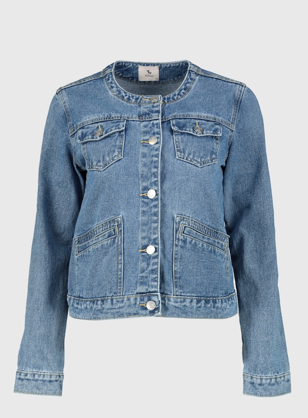 collarless denim jacket