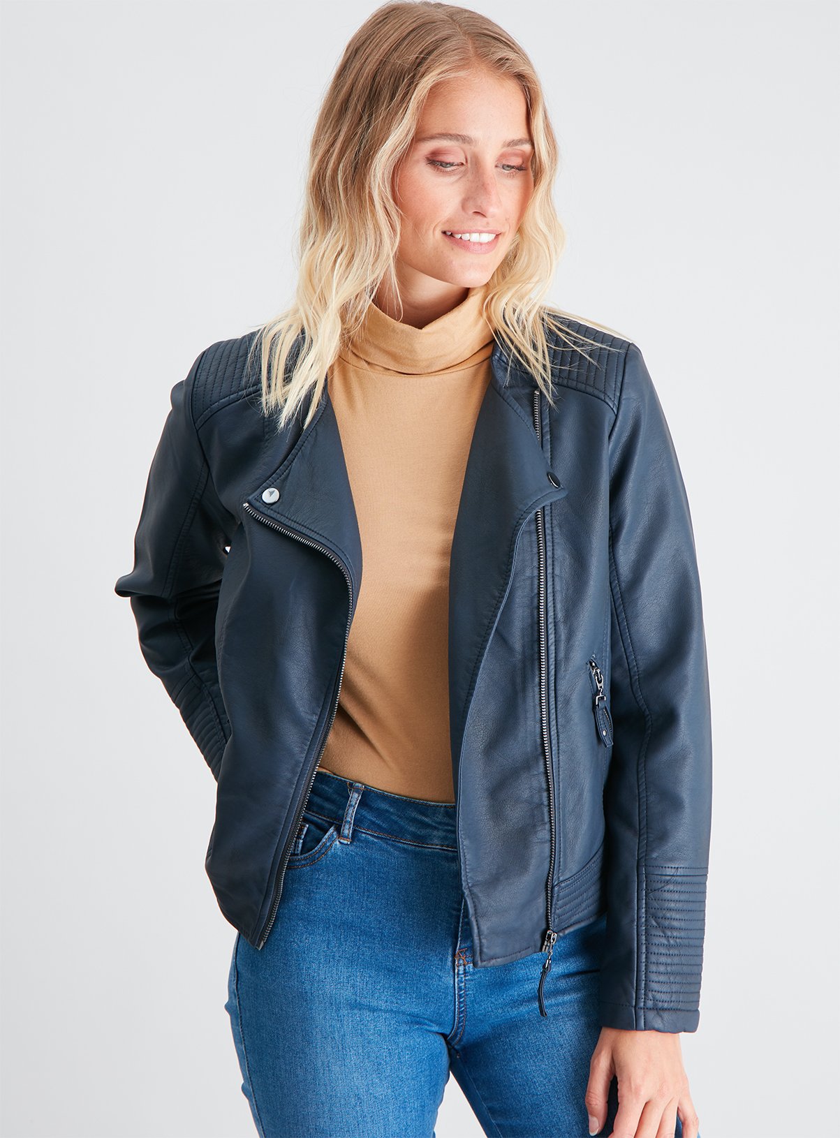 Navy Collarless Faux Leather Biker Jacket Review