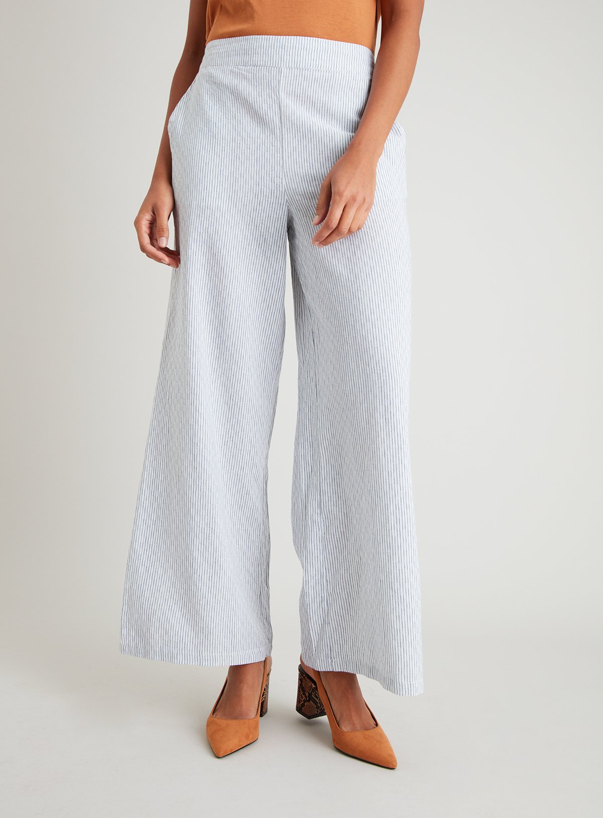 blue and white striped wide leg trousers