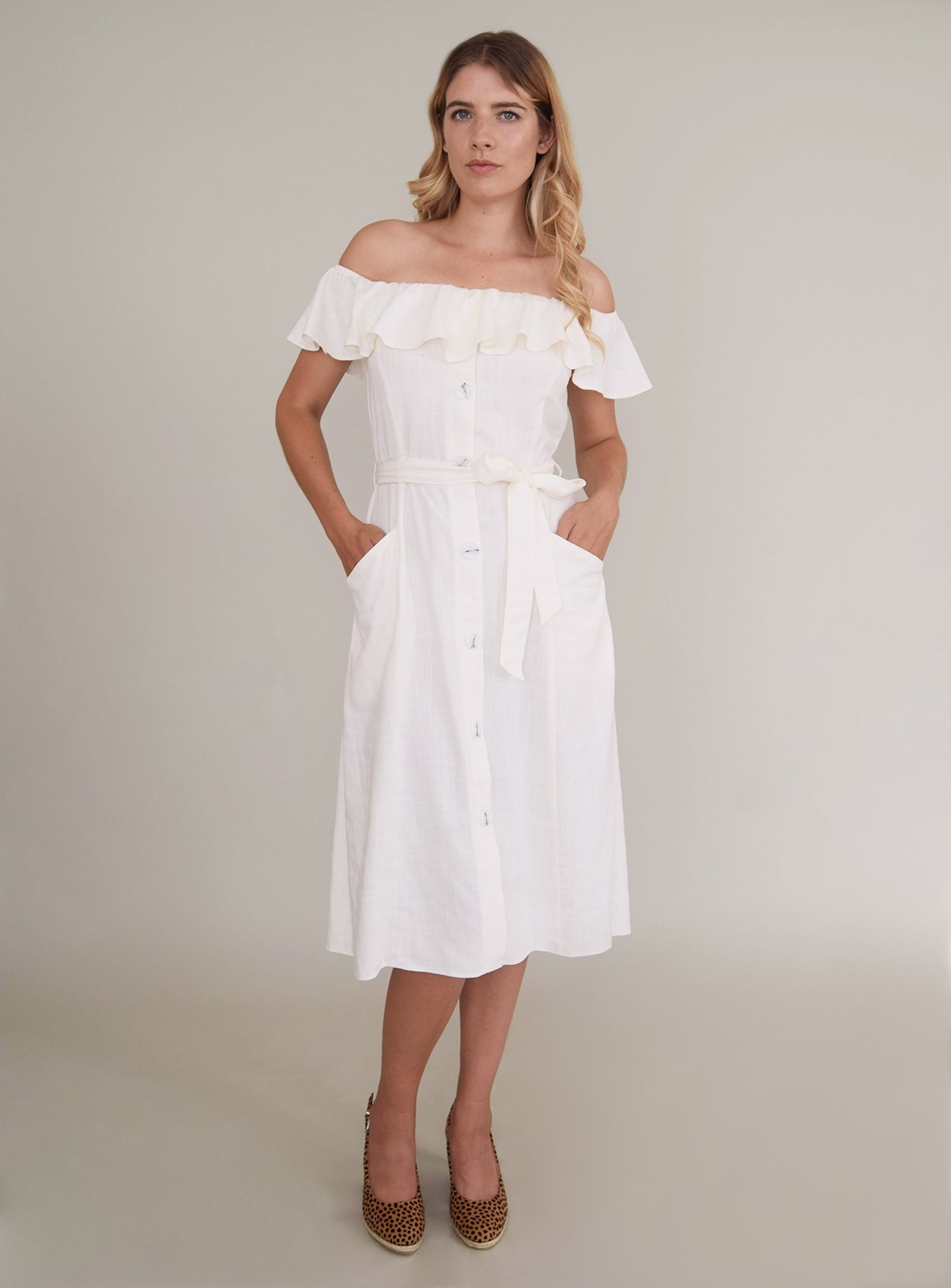 white linen bardot dress