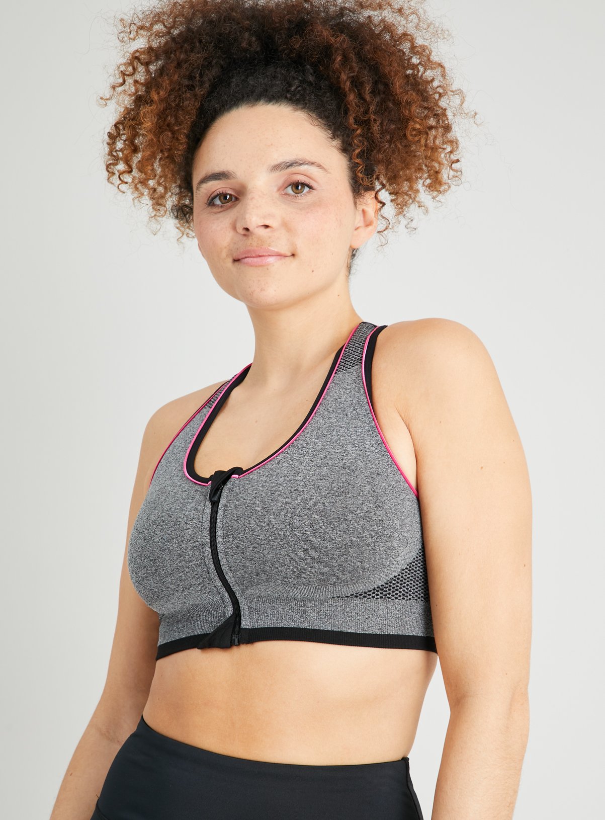 Grey Seamless Stretch Zip Front Sports Bra Review