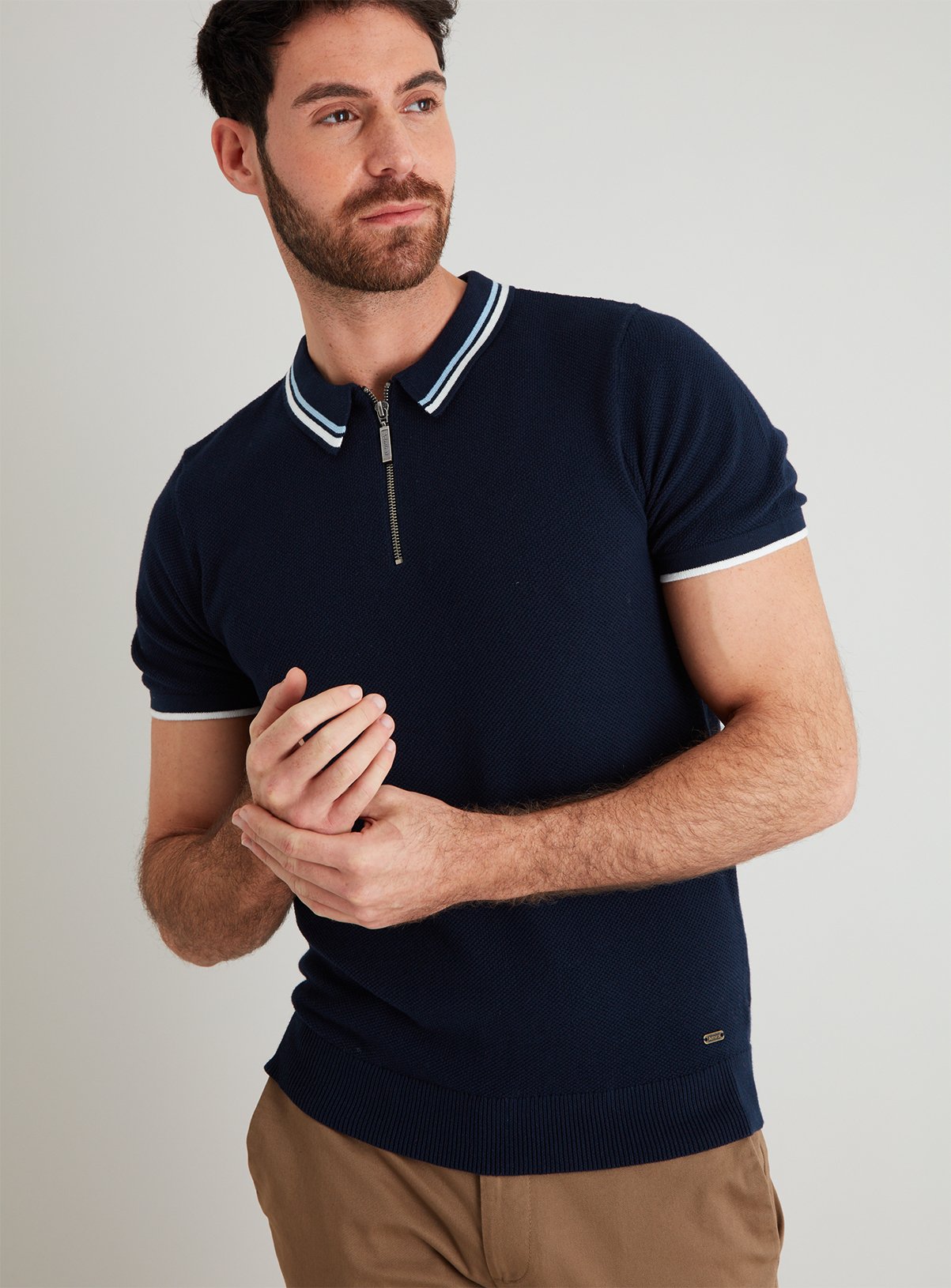 Navy Tipped Half Zip Knitted Polo Shirt Review