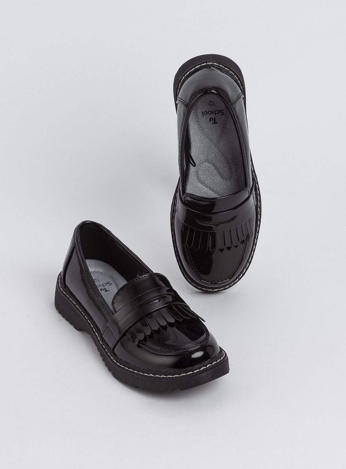 girls black patent loafers