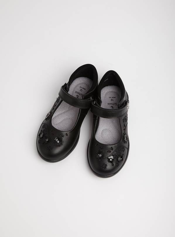Black Leather Floral Wide Fitting School Shoes - 12 Infant