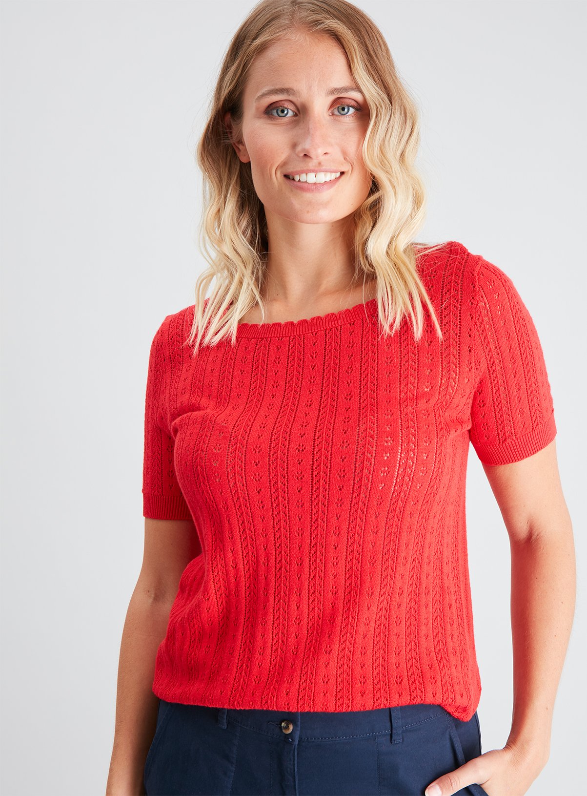 Red Square Neck Pointelle Top With Linen Review