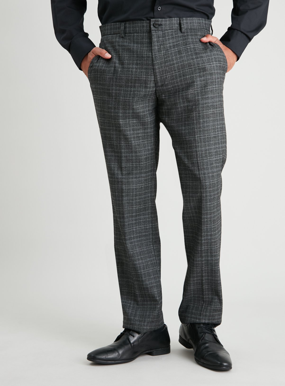 Grey Check Regular Fit Trousers With Stretch Review