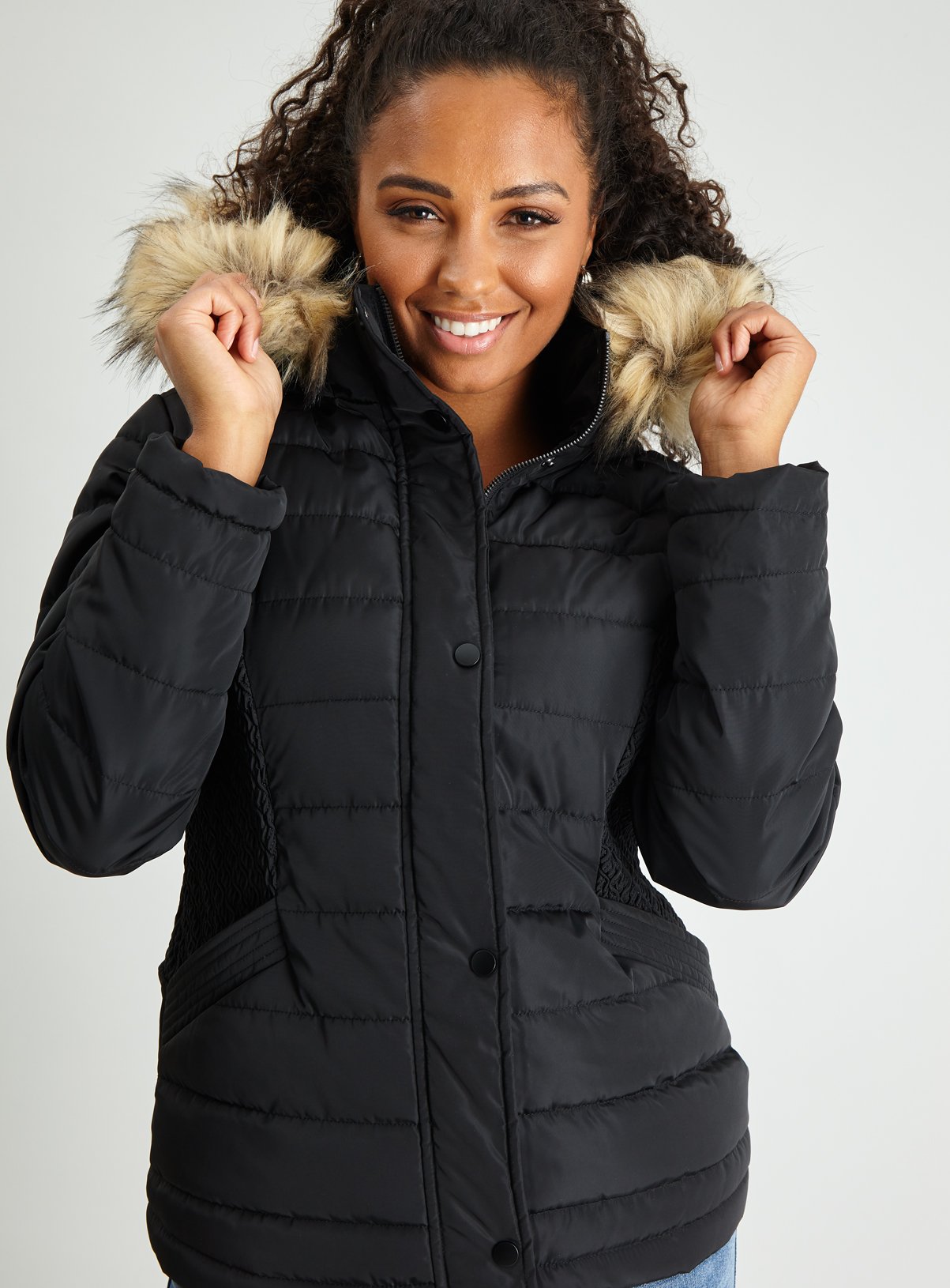 black padded coat with faux fur hood