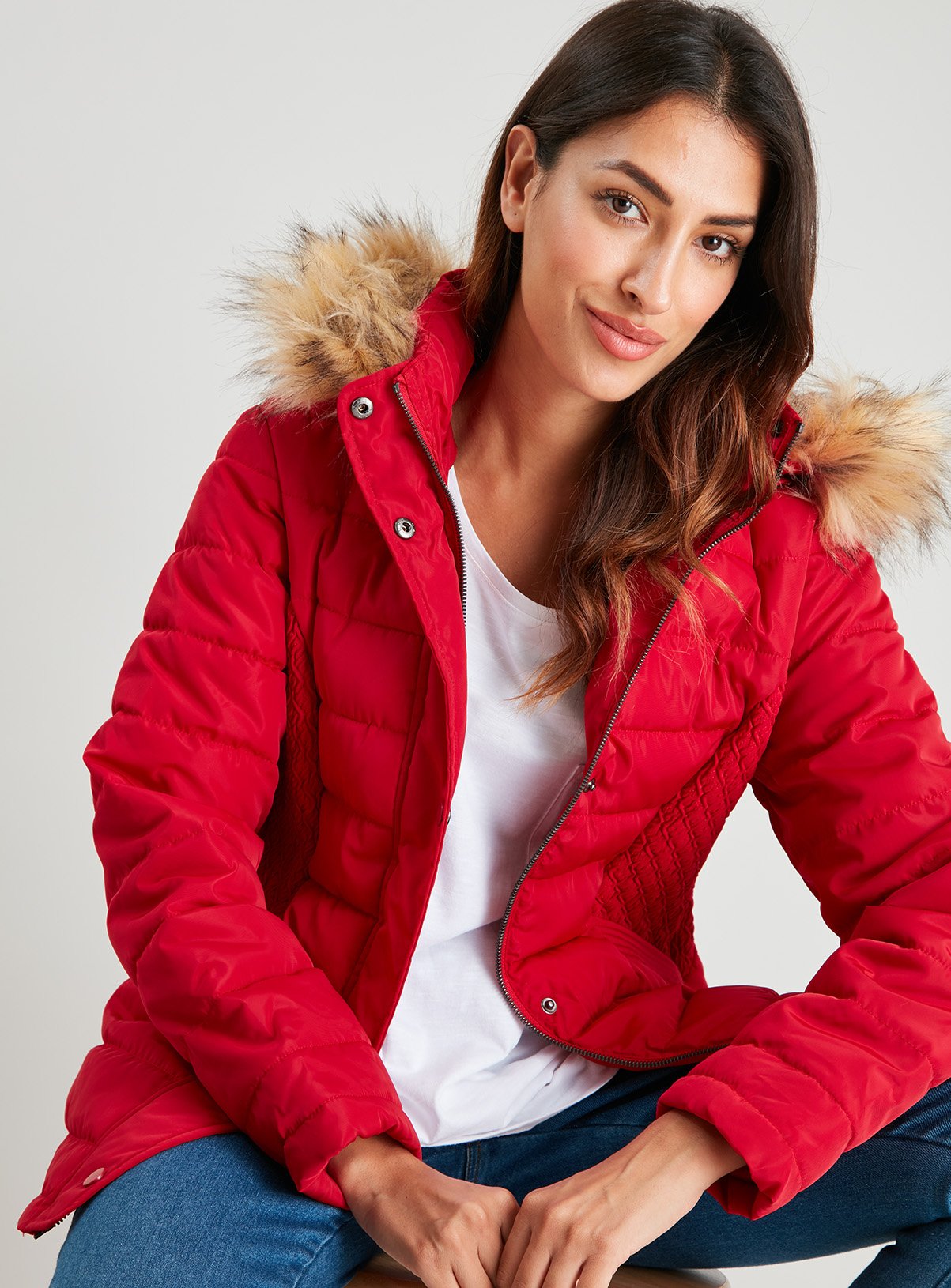 red bubble coat with fur hood