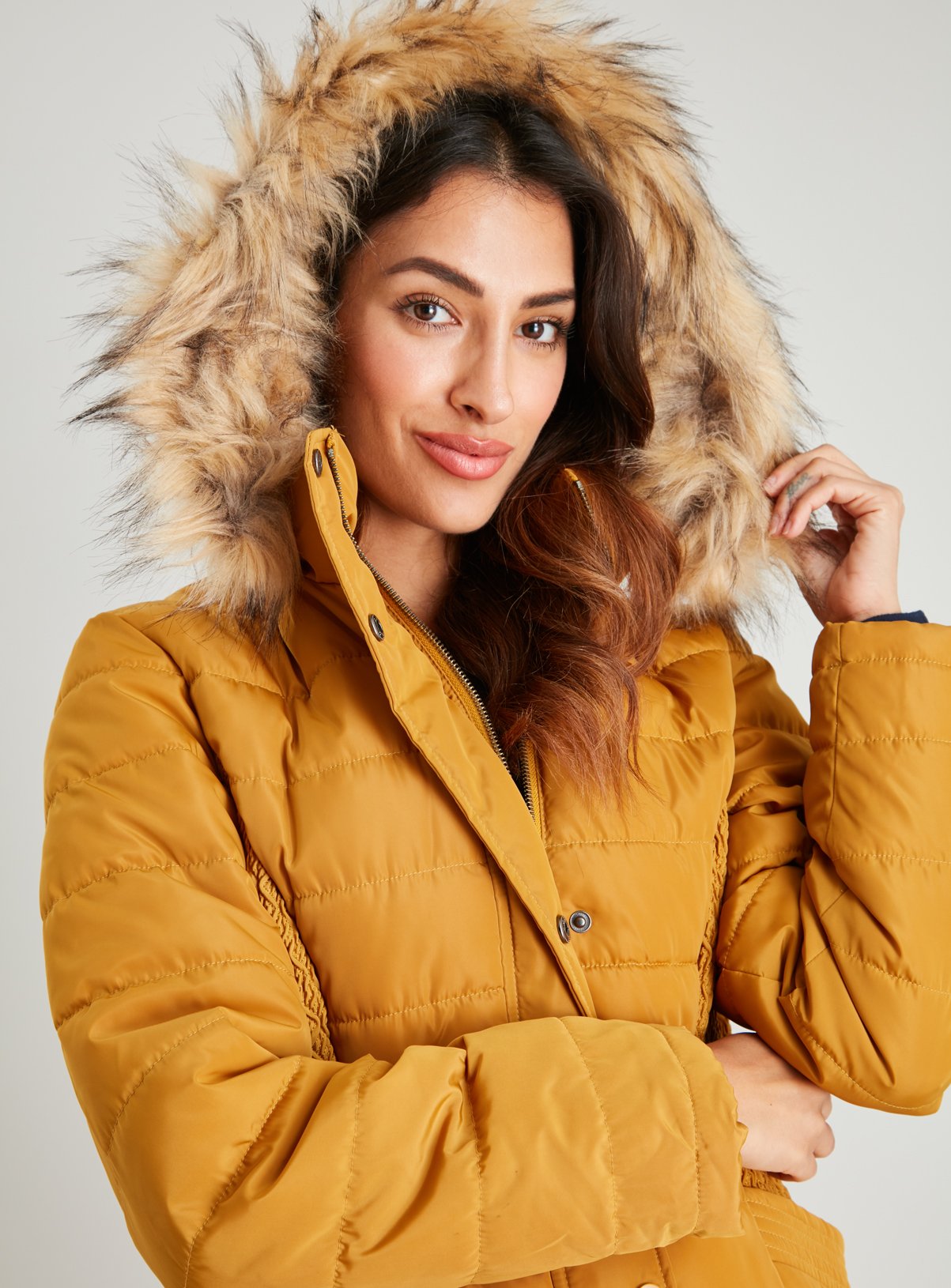 mustard fur hood coat