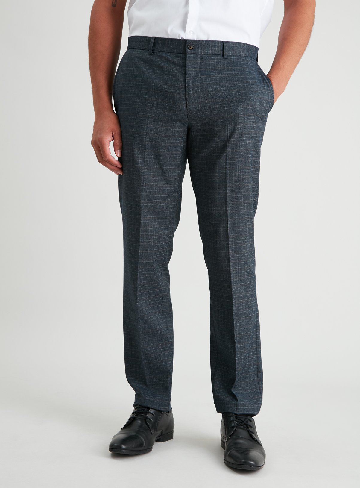 Navy Check Slim Fit Trousers With Stretch Review