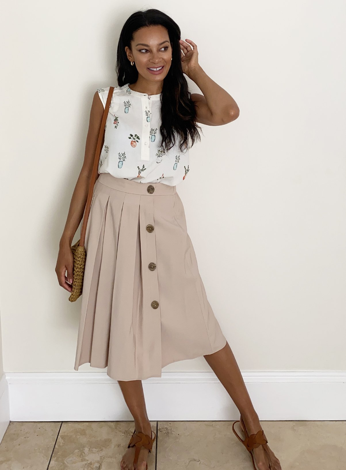 Cream Button Detail Box Pleat Midi Skirt Review