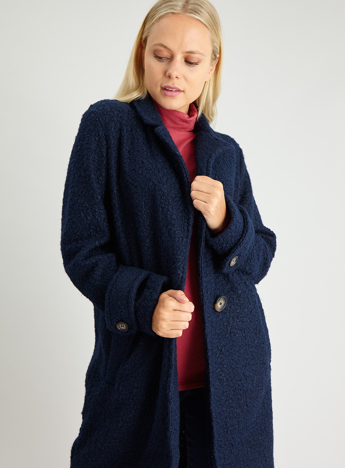 Navy Boucl√© Crombie Coat Review