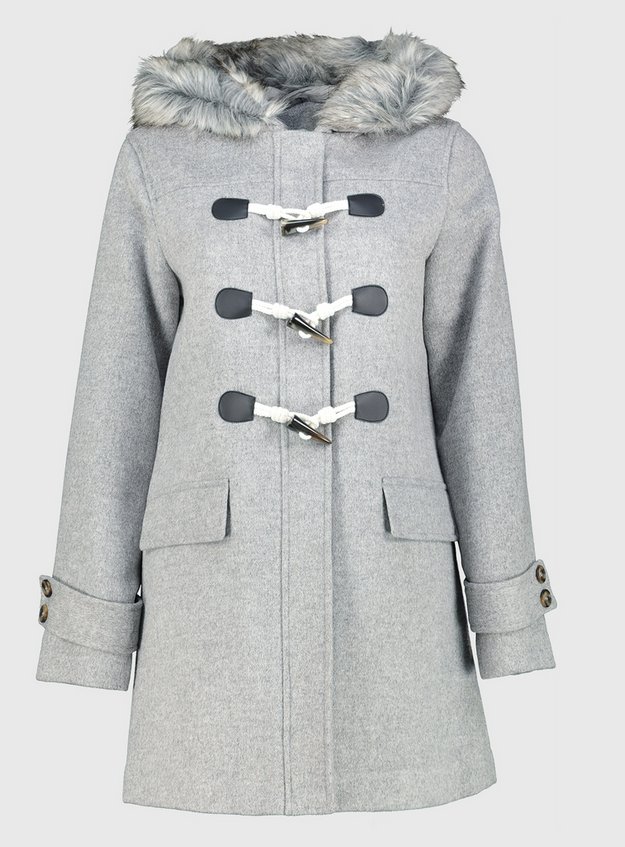 Grey Faux Fur Hooded Duffel Coat With Wool 