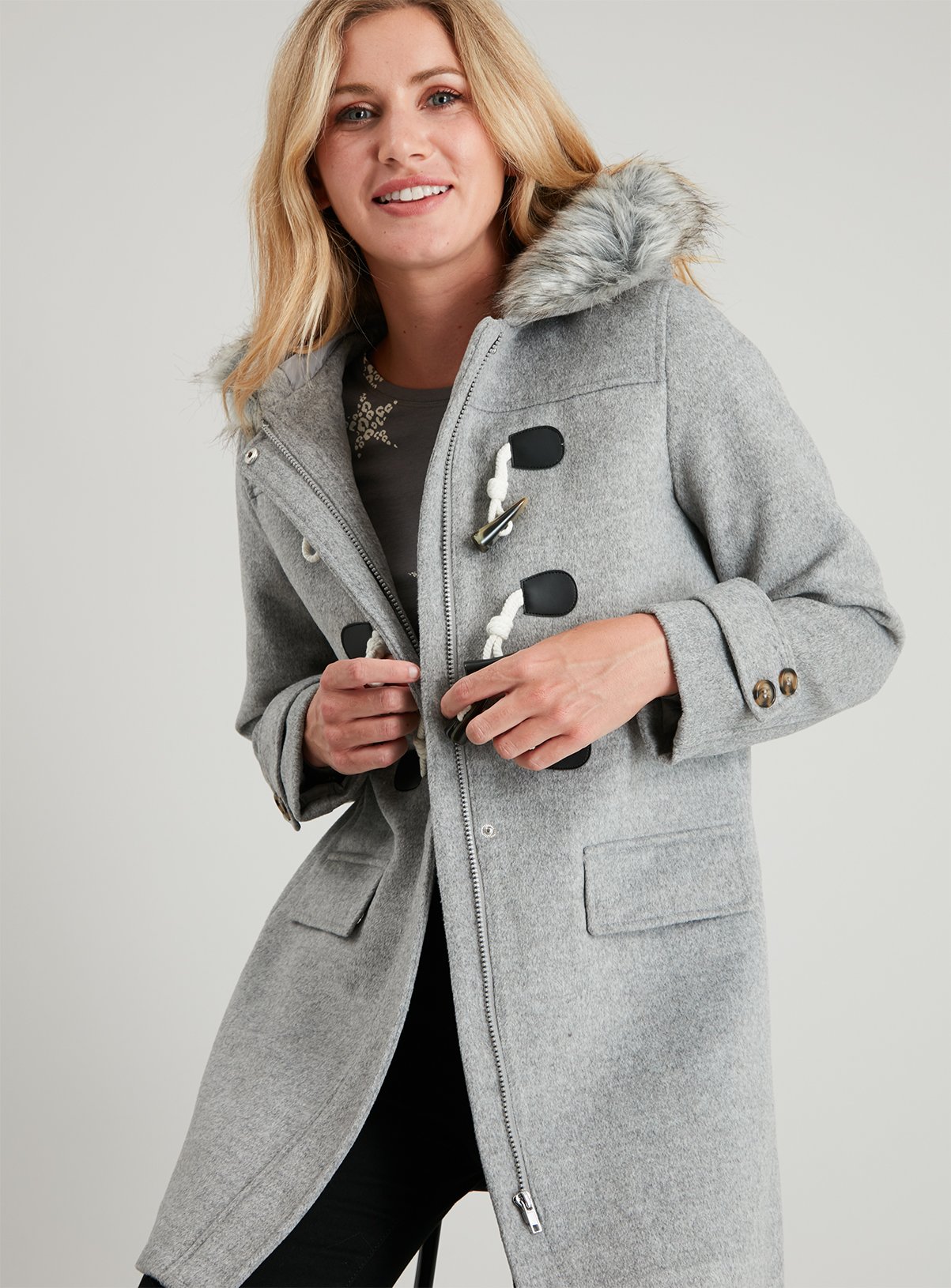 grey wool coat with fur hood