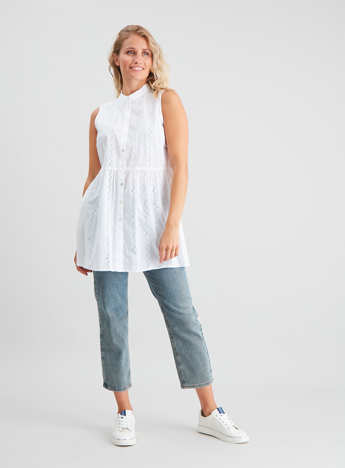 White Schiffli Lace Sleeveless Cotton Tunic Review
