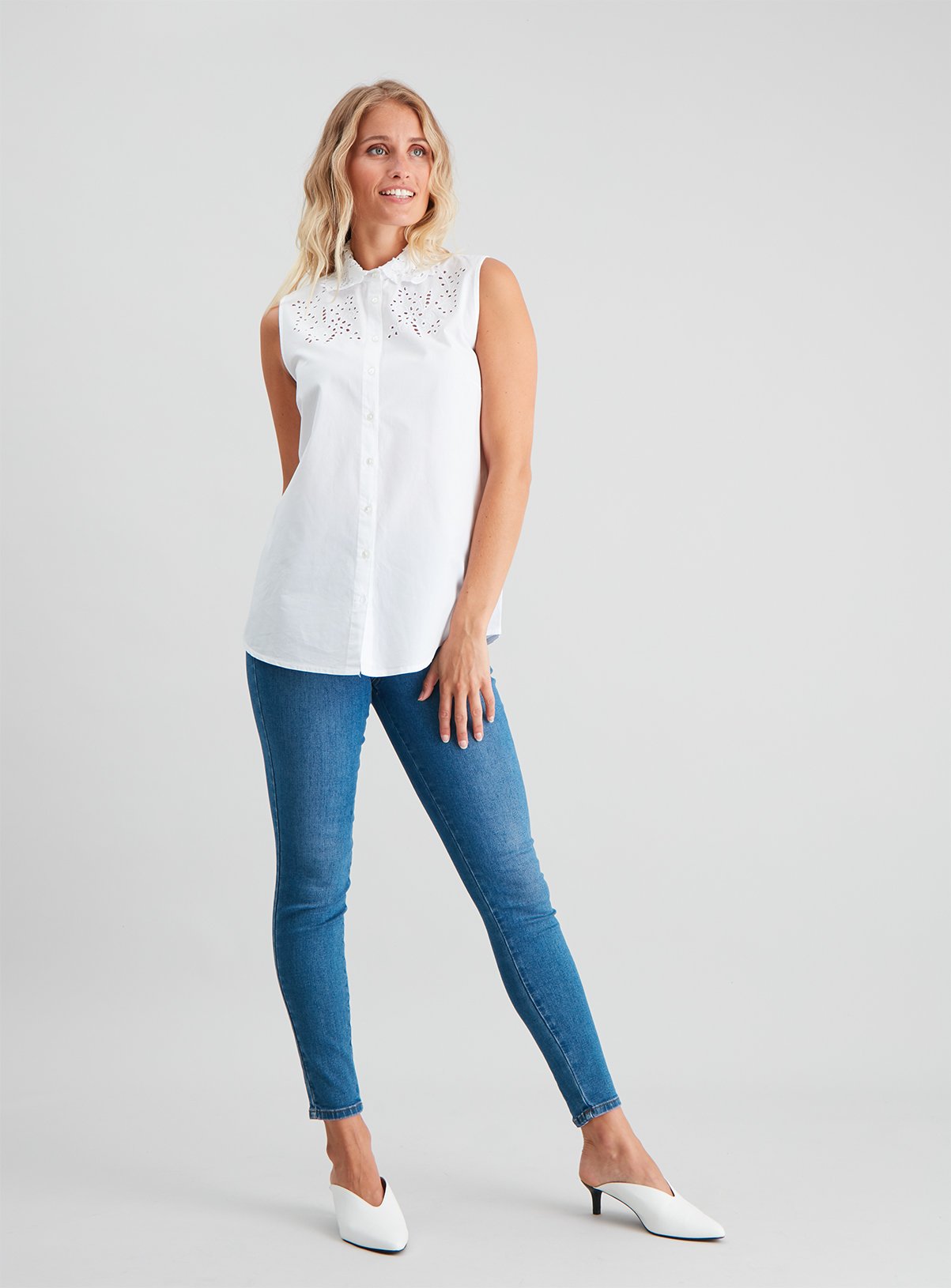 White Schiffli Yoke Button-Through Sleeveless Shirt Review