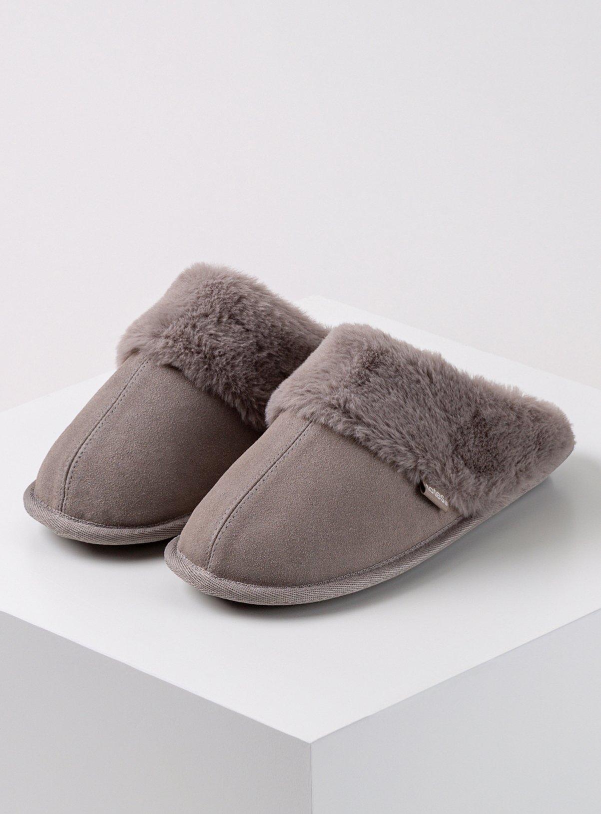 grey suede mule slippers