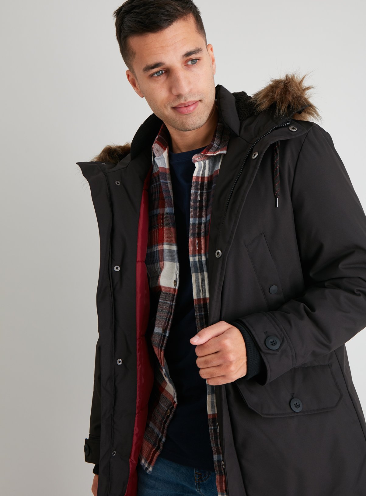 black faux fur trim hooded parka