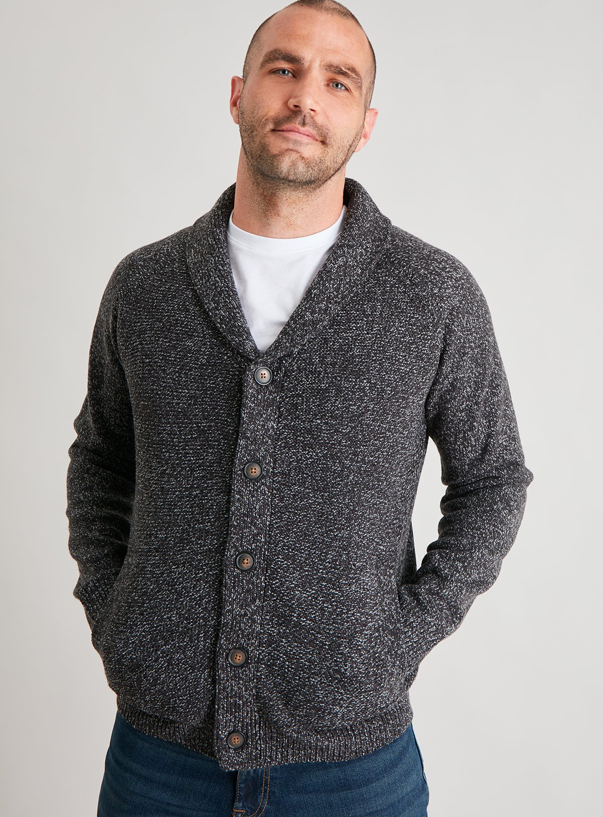 grey shawl collar cardigan