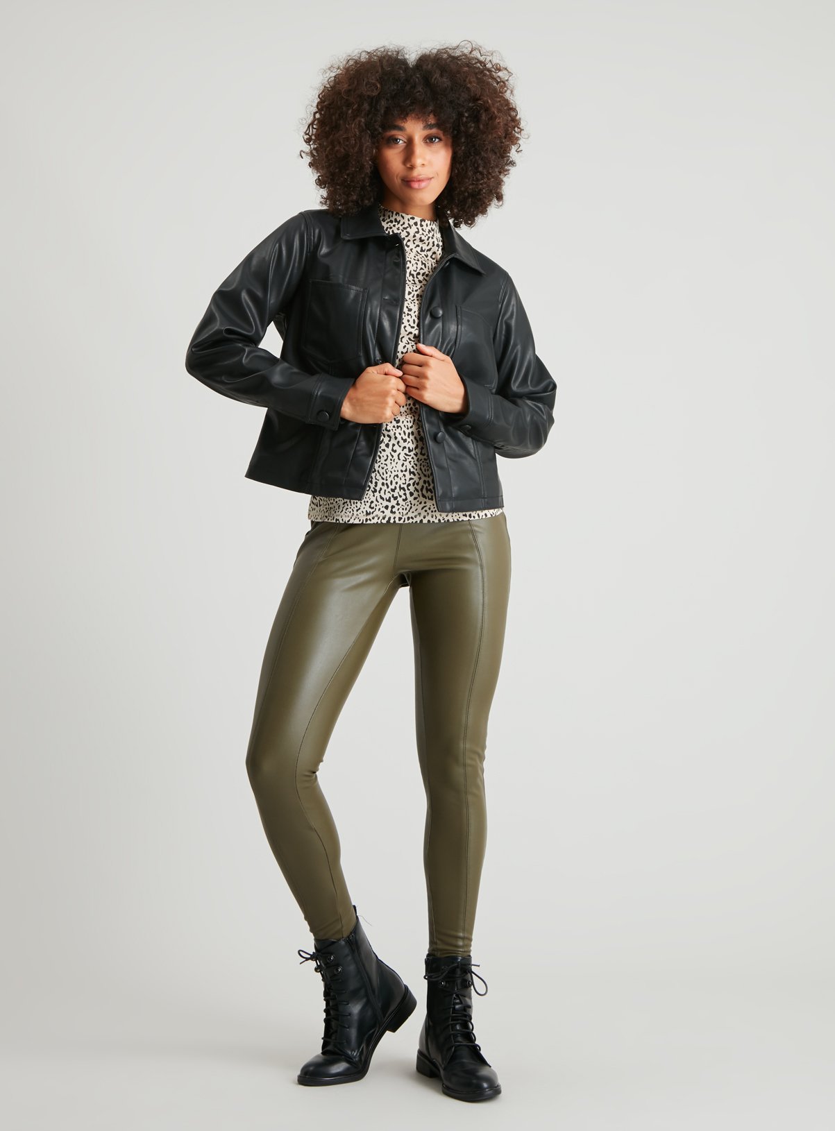 khaki leather leggings