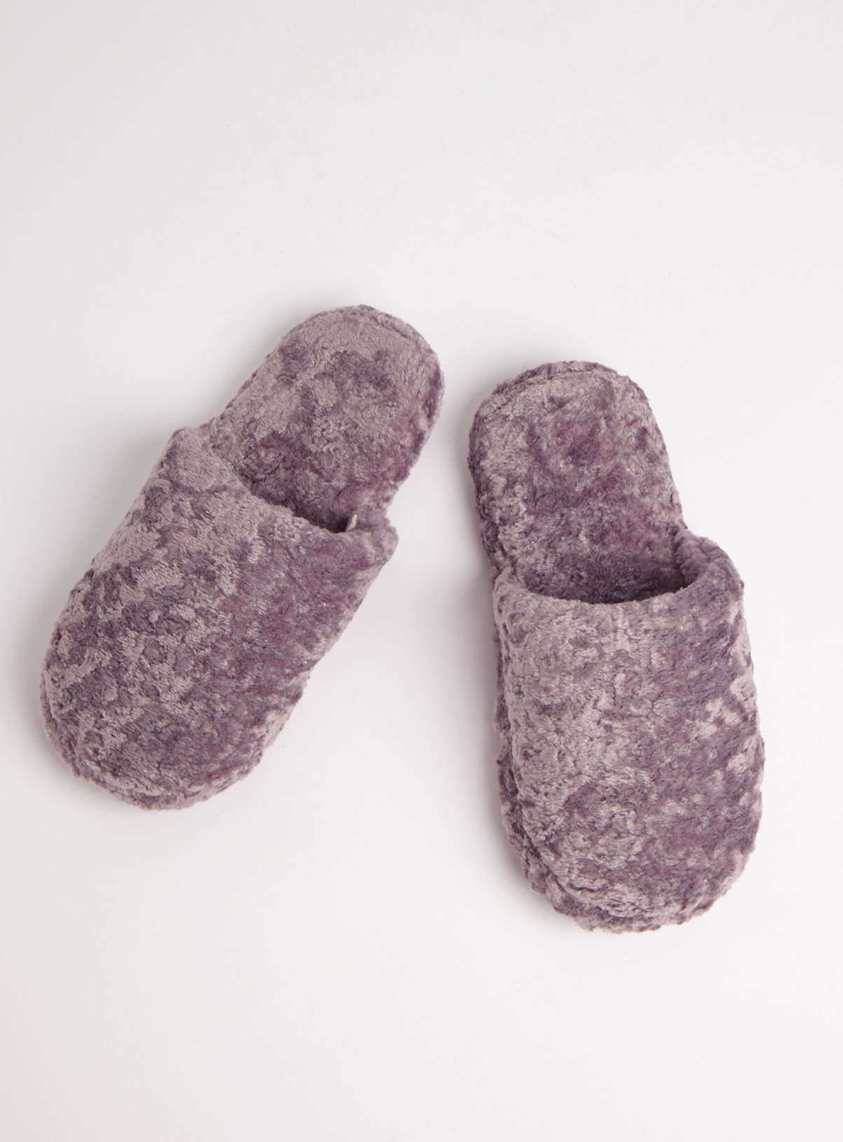 purple fluffy slippers