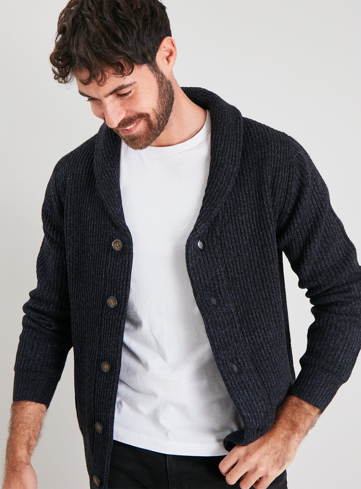 navy shawl collar sweater