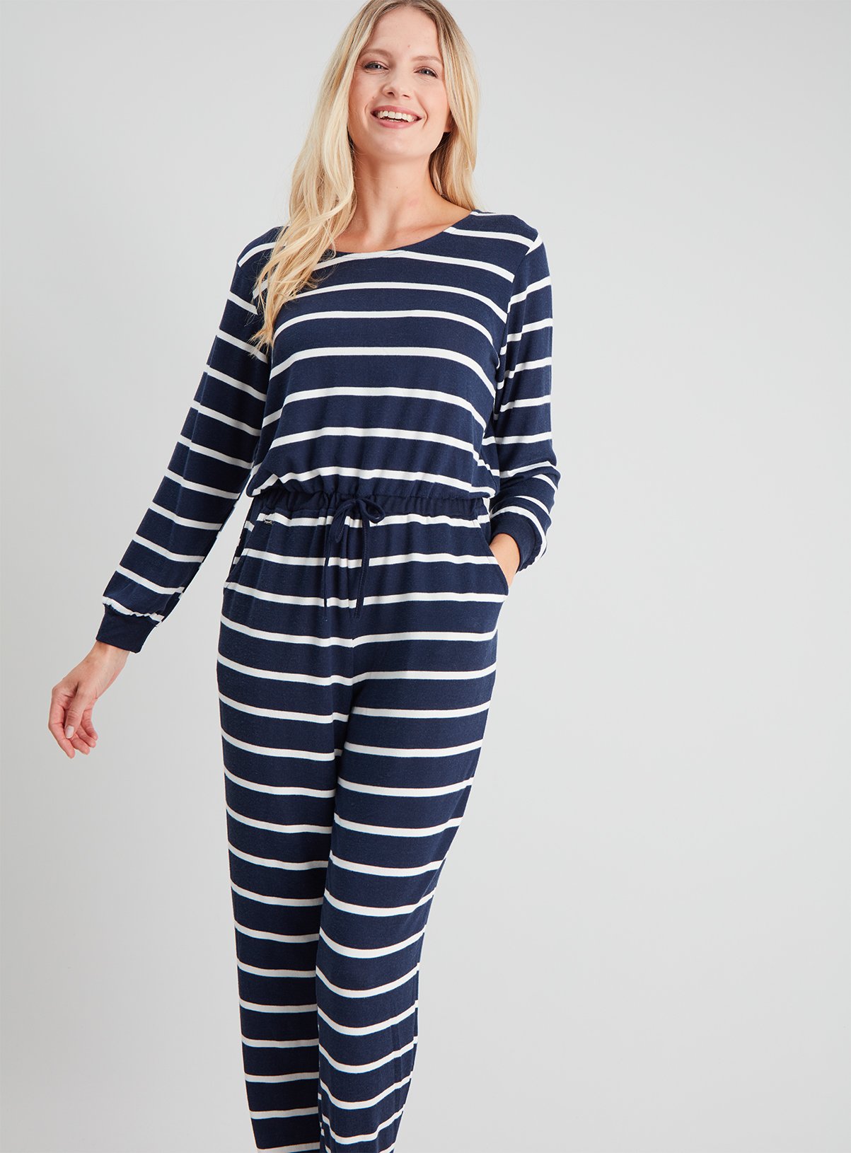 Navy Stripe Soft Knit Lounging Jumpsuit Review