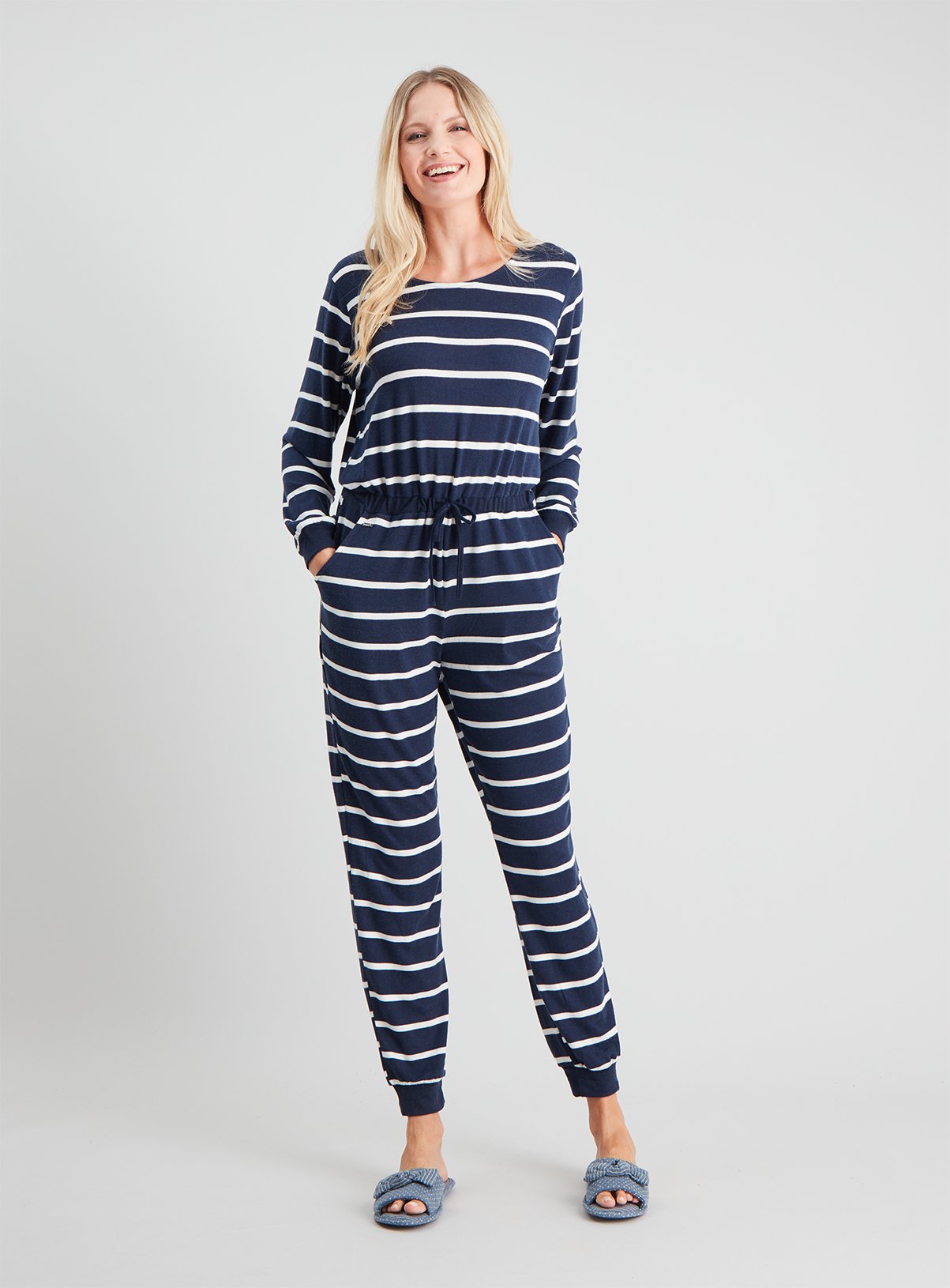 Navy Stripe Soft Knit Lounging Jumpsuit Review