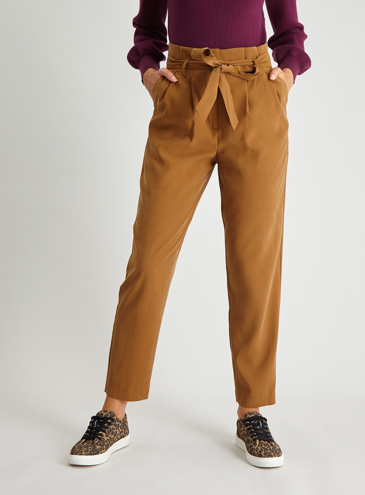 tan tapered trousers