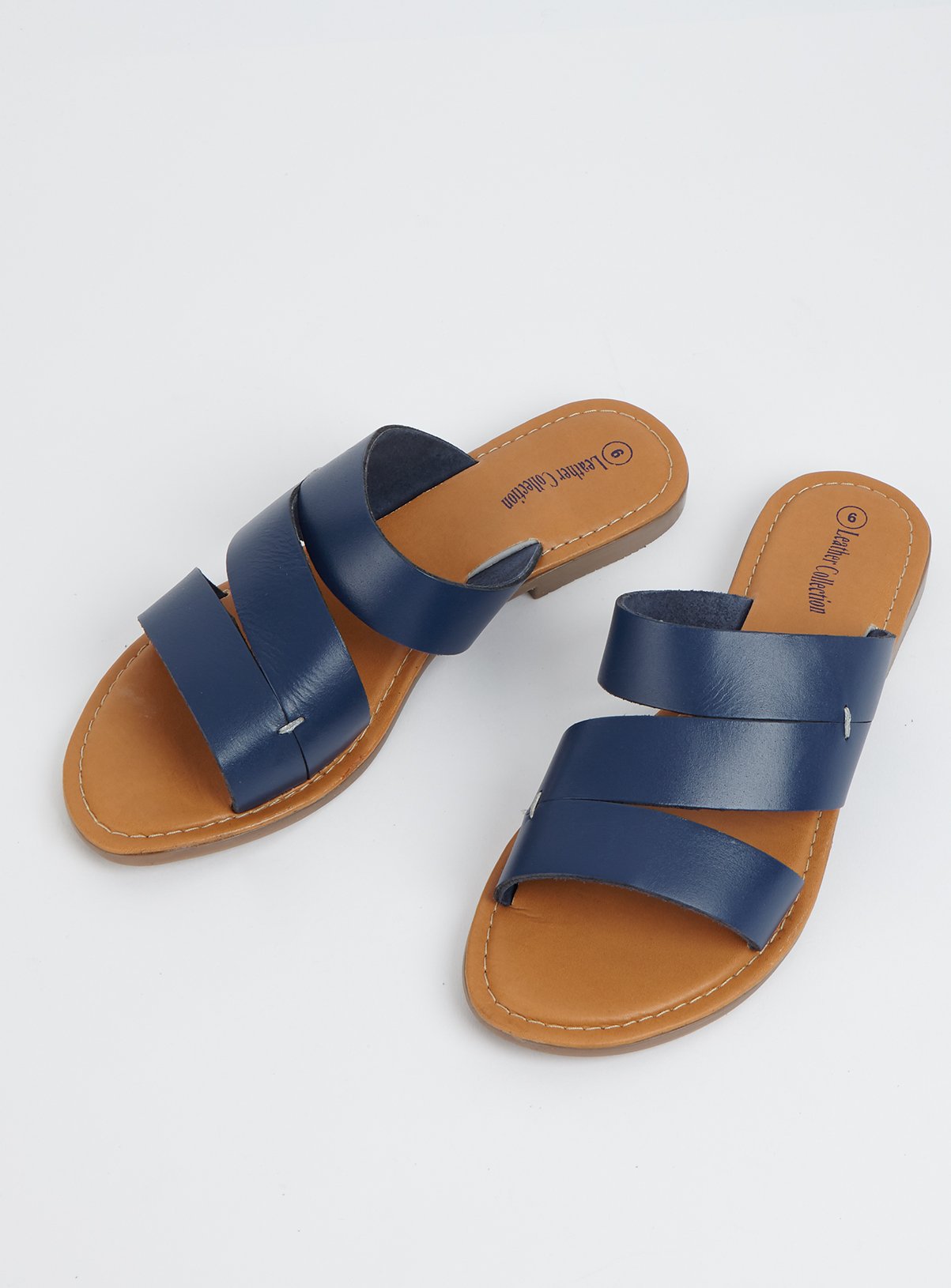 navy blue leather mules