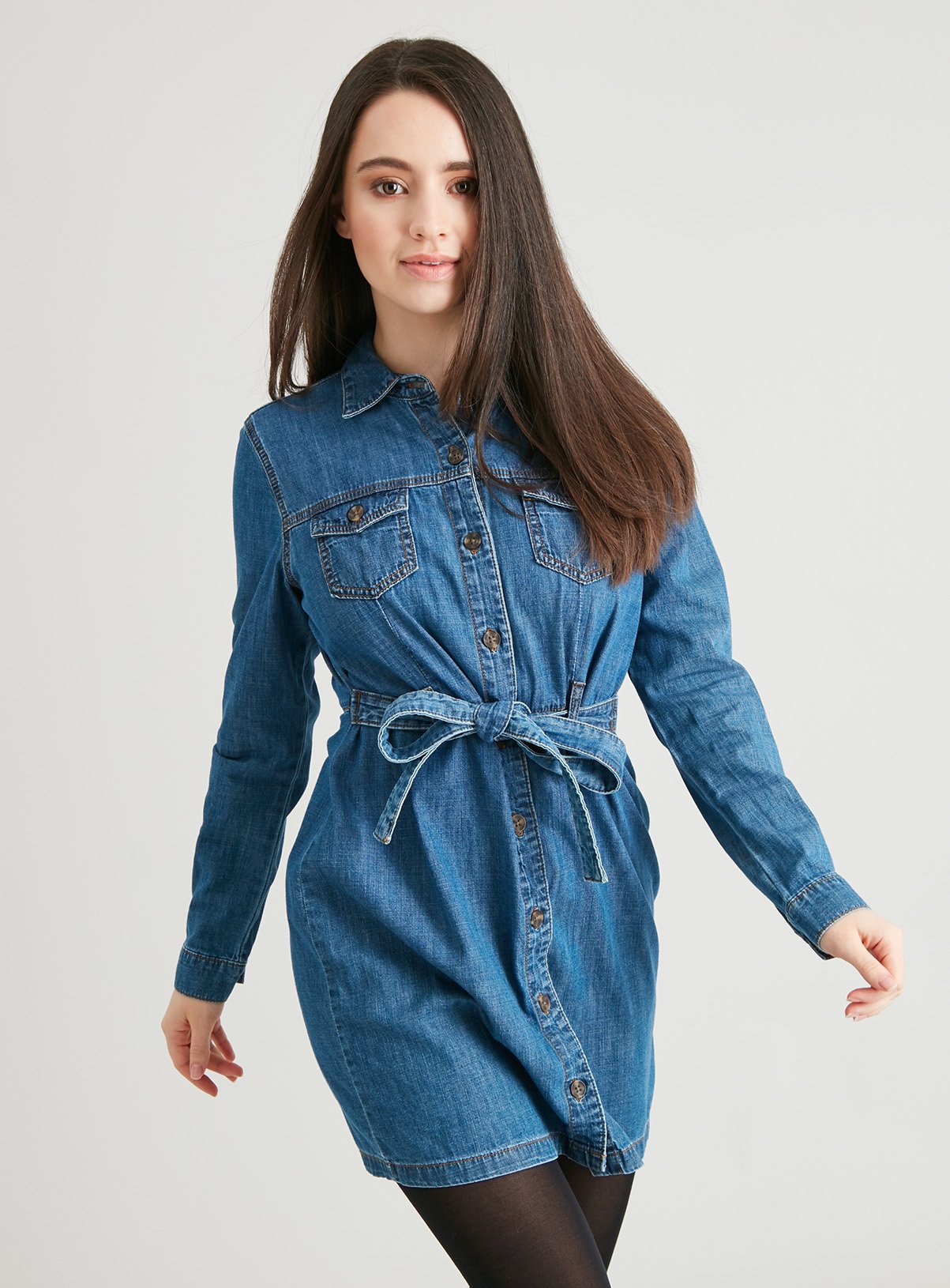 denim belted shirt dress