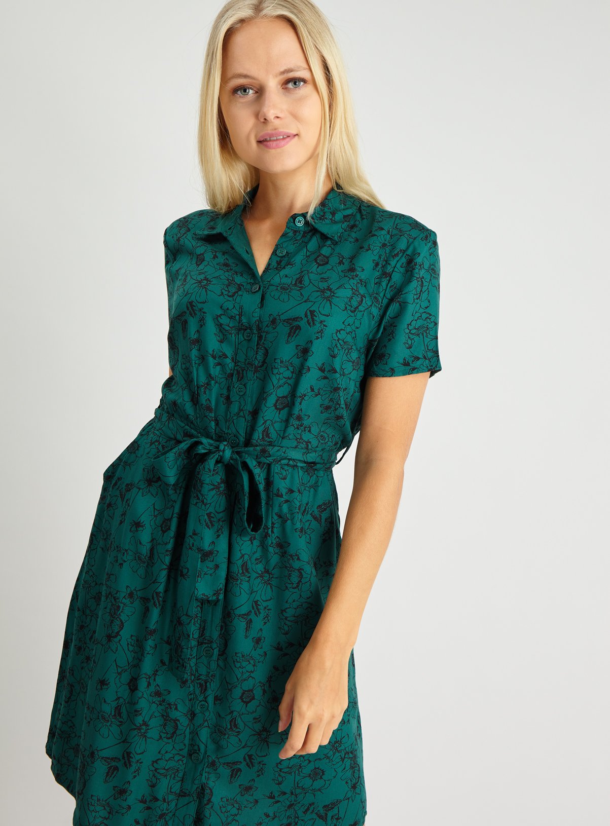 Green Floral Print Belted Shirt Dress Review