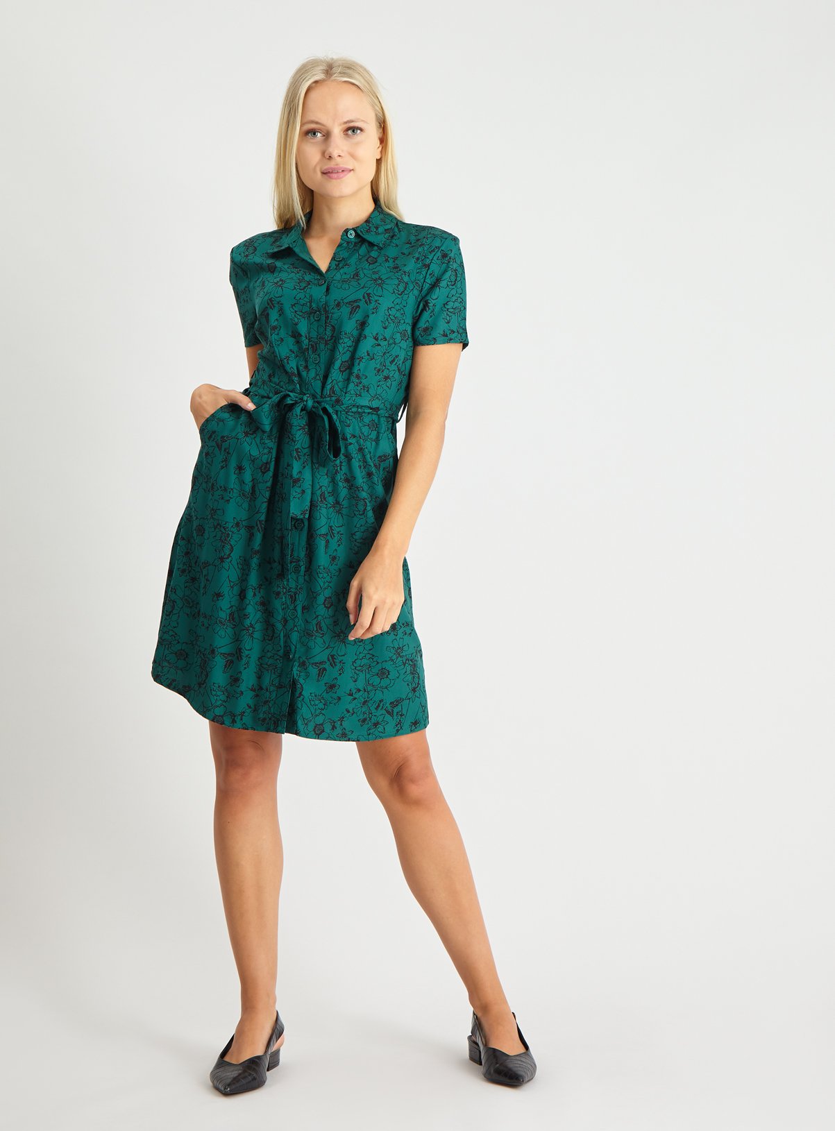 Green Floral Print Belted Shirt Dress Review