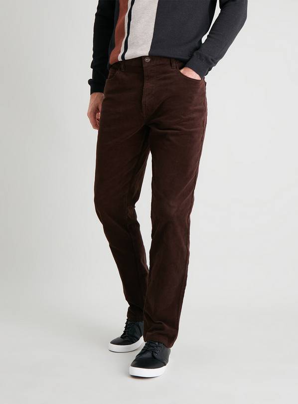 Brown Straight Leg Corduroy Trousers With Stretch - W36 L30
