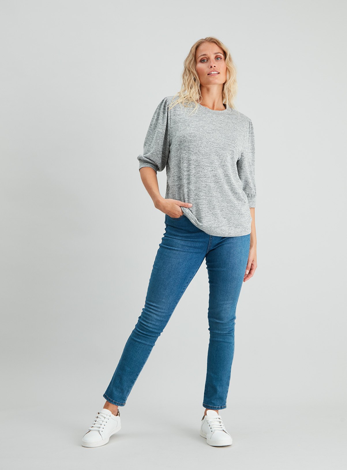 Grey Puff Sleeve Knit Look Top Review