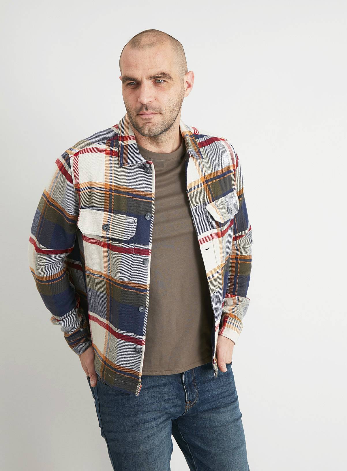 Khaki & Ochre Button Through Overshirt - S - Image 1
