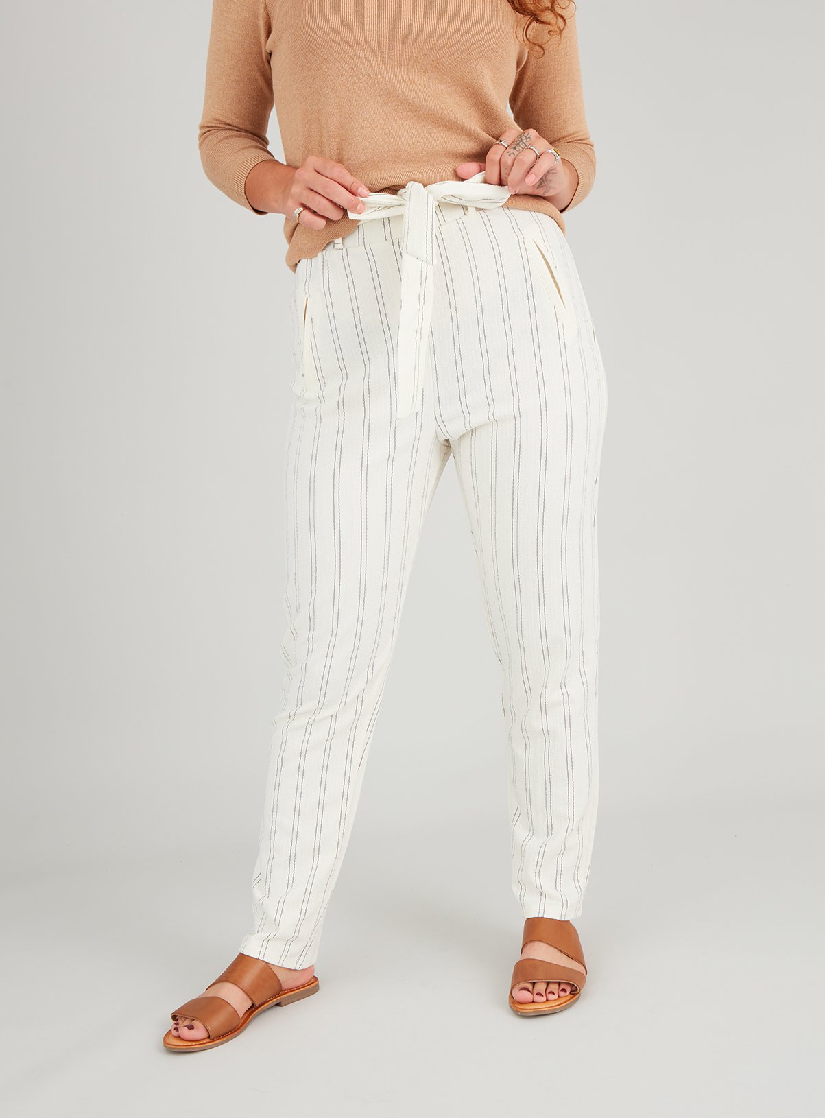 Cream Stripe Belted Jersey Trousers Review