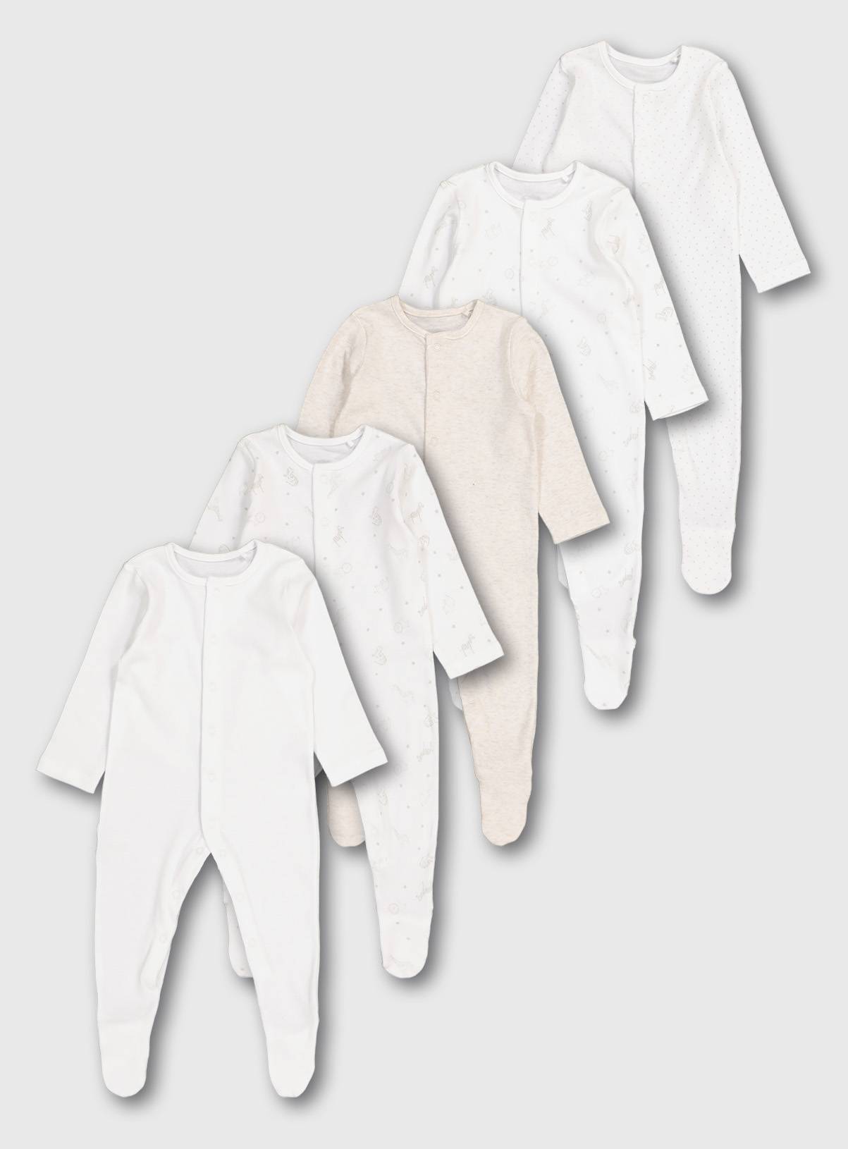 SKU: CNTY ONLINE ONLY UNISEX SAFARI 5PK SLEEPSUIT:White:6-9 months - Image 1