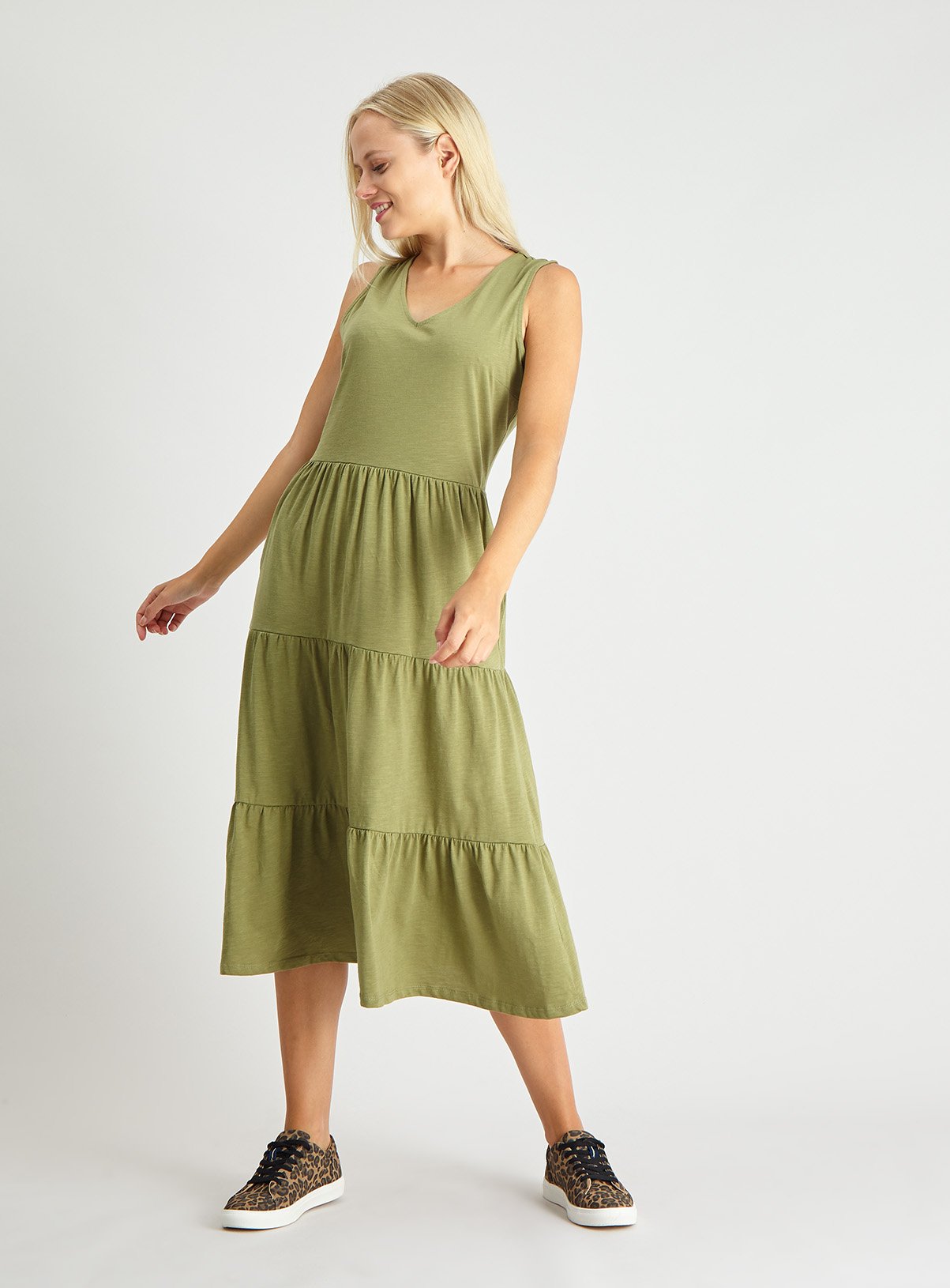 Khaki Jersey Tiered Maxi Dress Review