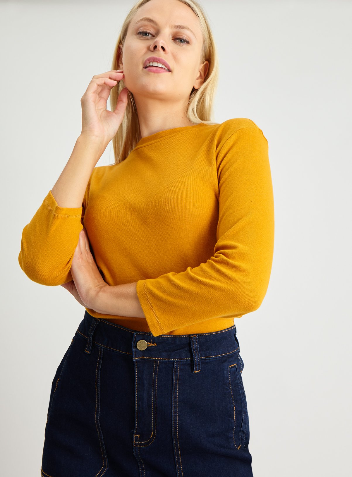 Womens Mustard High Neck Long Sleeve T 