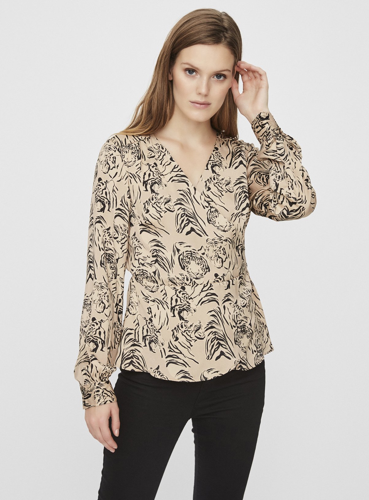 Beige Tiger Print Wrap Blouse Review