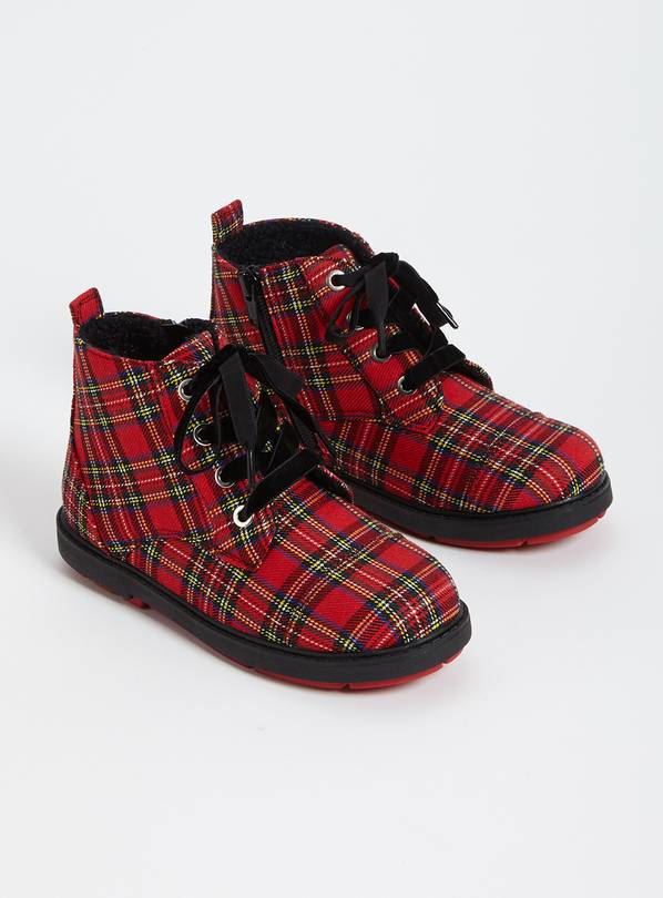 Red Tartan Lace Up Boots - 5 Infant