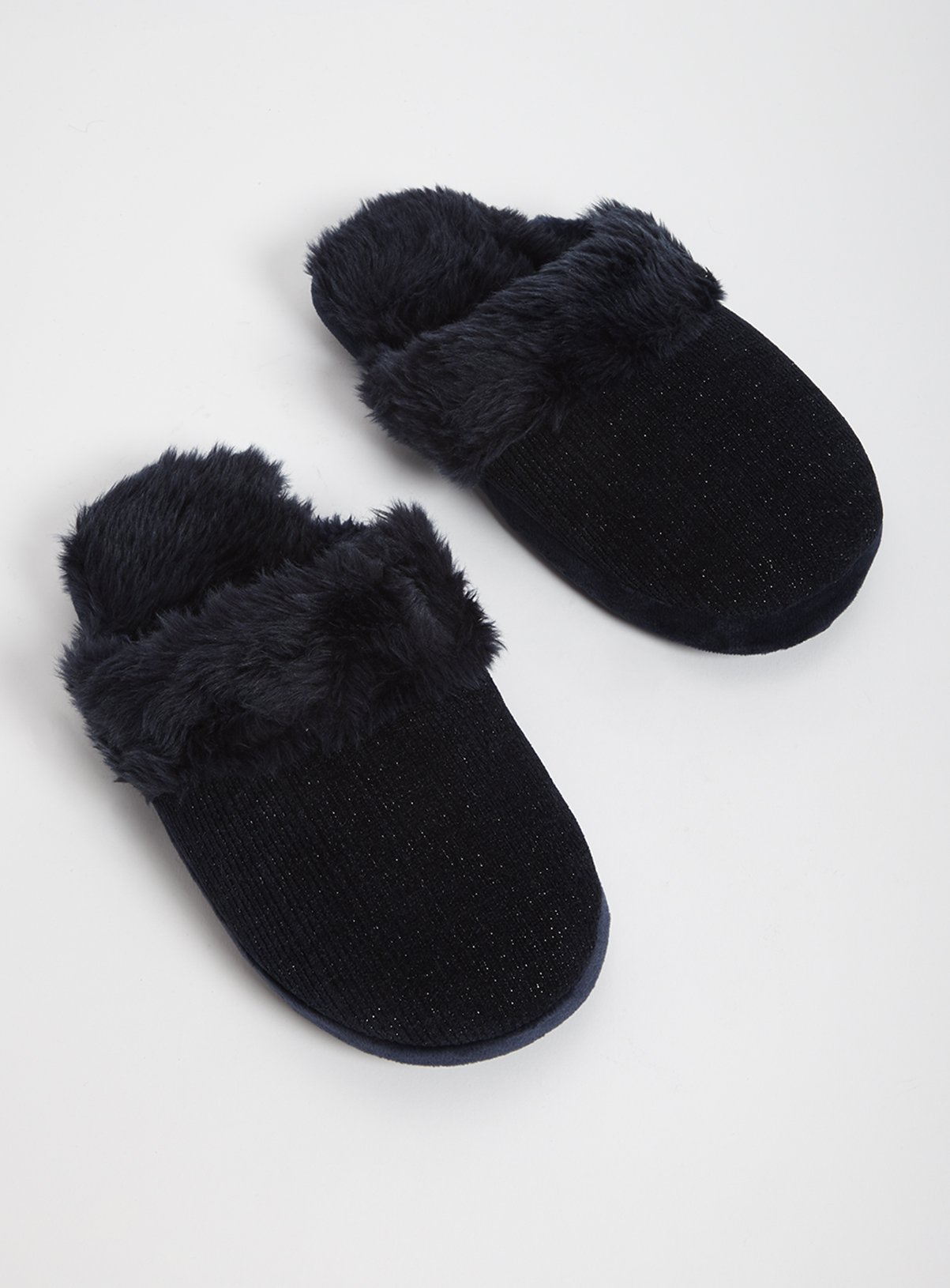 navy fur slippers